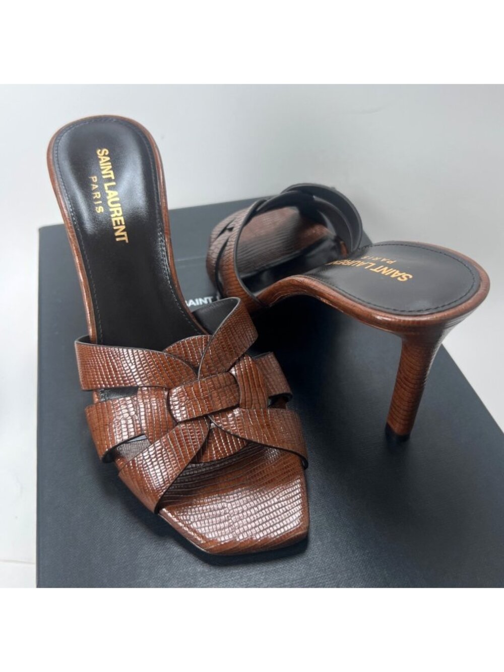 Saint Laurent Tribute Heels Brown Leather Lizard Embossed Women Mules Size 37